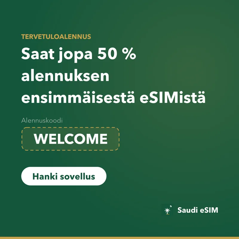 Saudi eSIM-alennuskoodi: WELCOME, 15% alennus