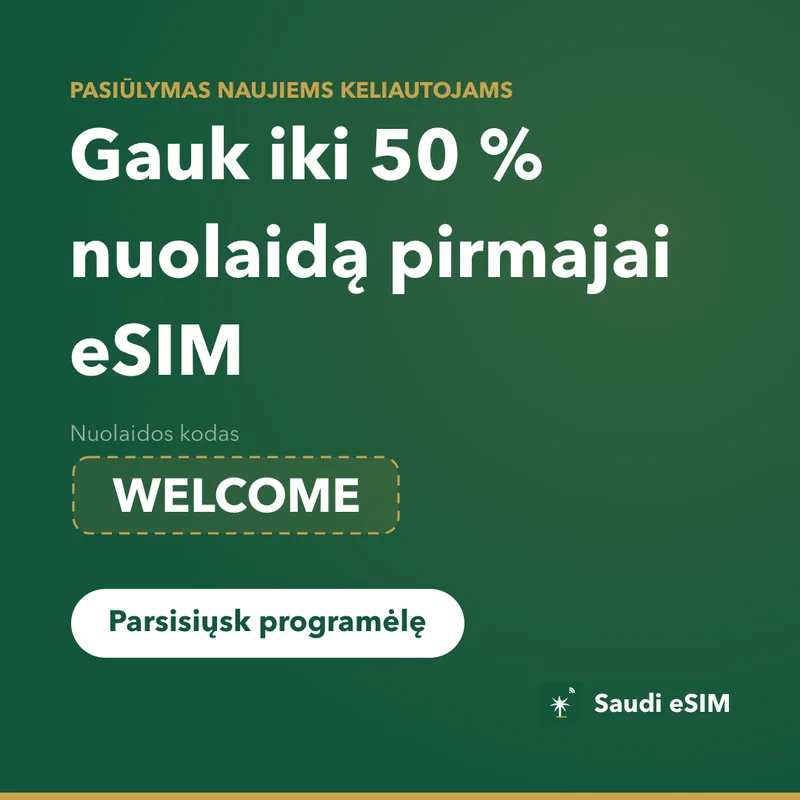 Saudi eSIM Nuolaidos Kodas — WELCOME, 15% Nuolaida