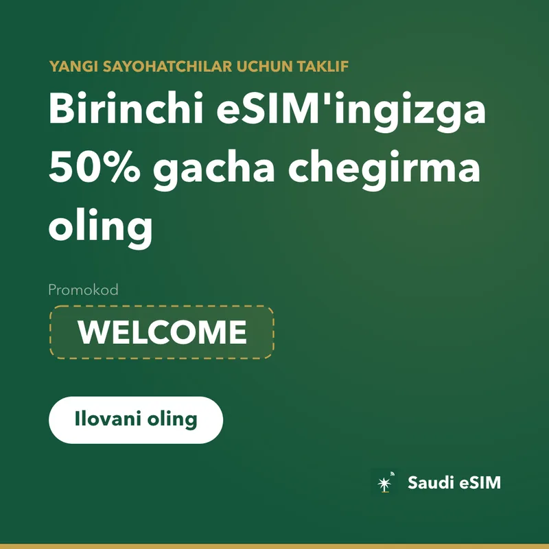 Saudi eSIM promokodi — WELCOME, 15% chegirma